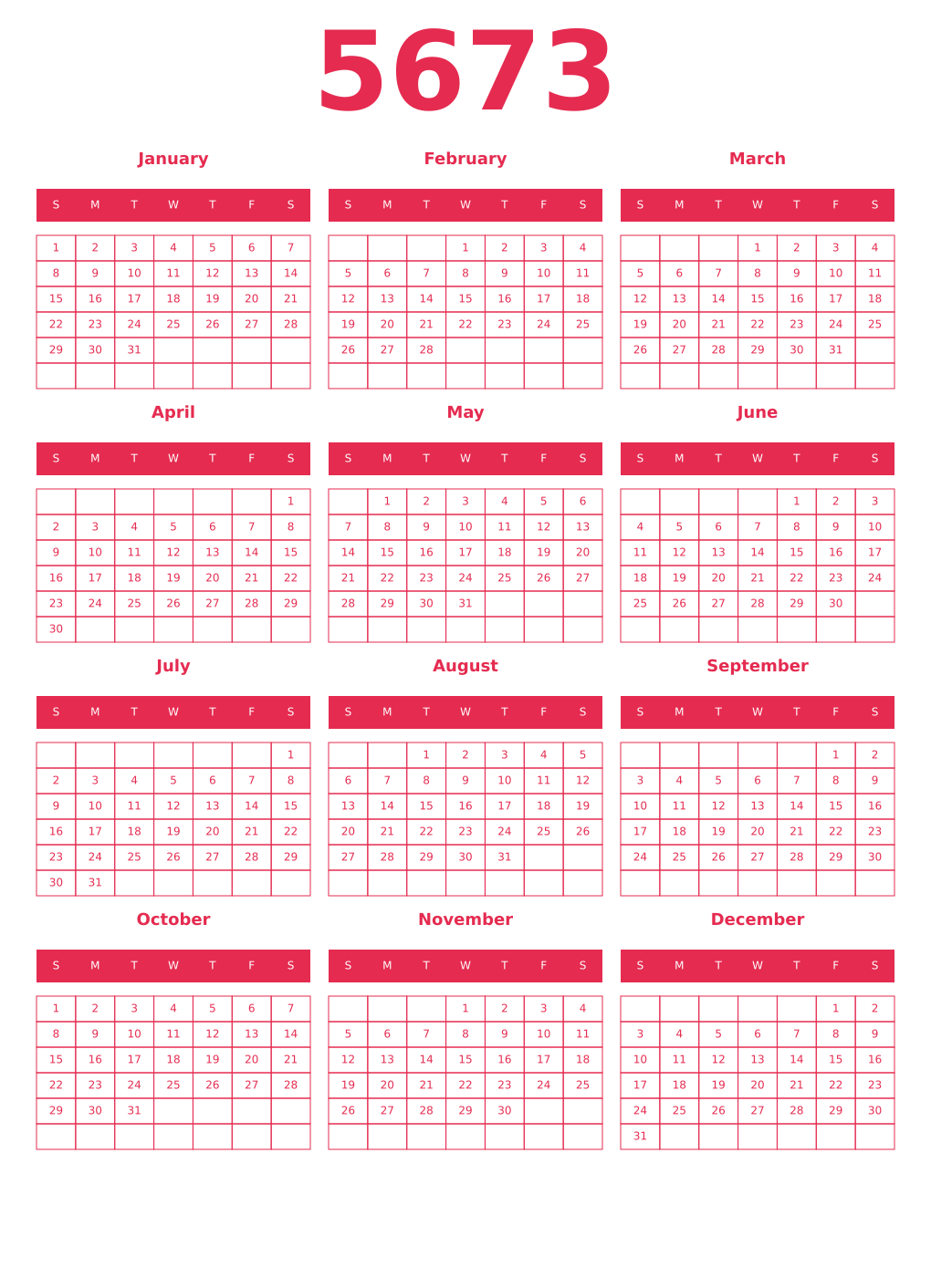 Printable 5673 Year Calendars amaranth