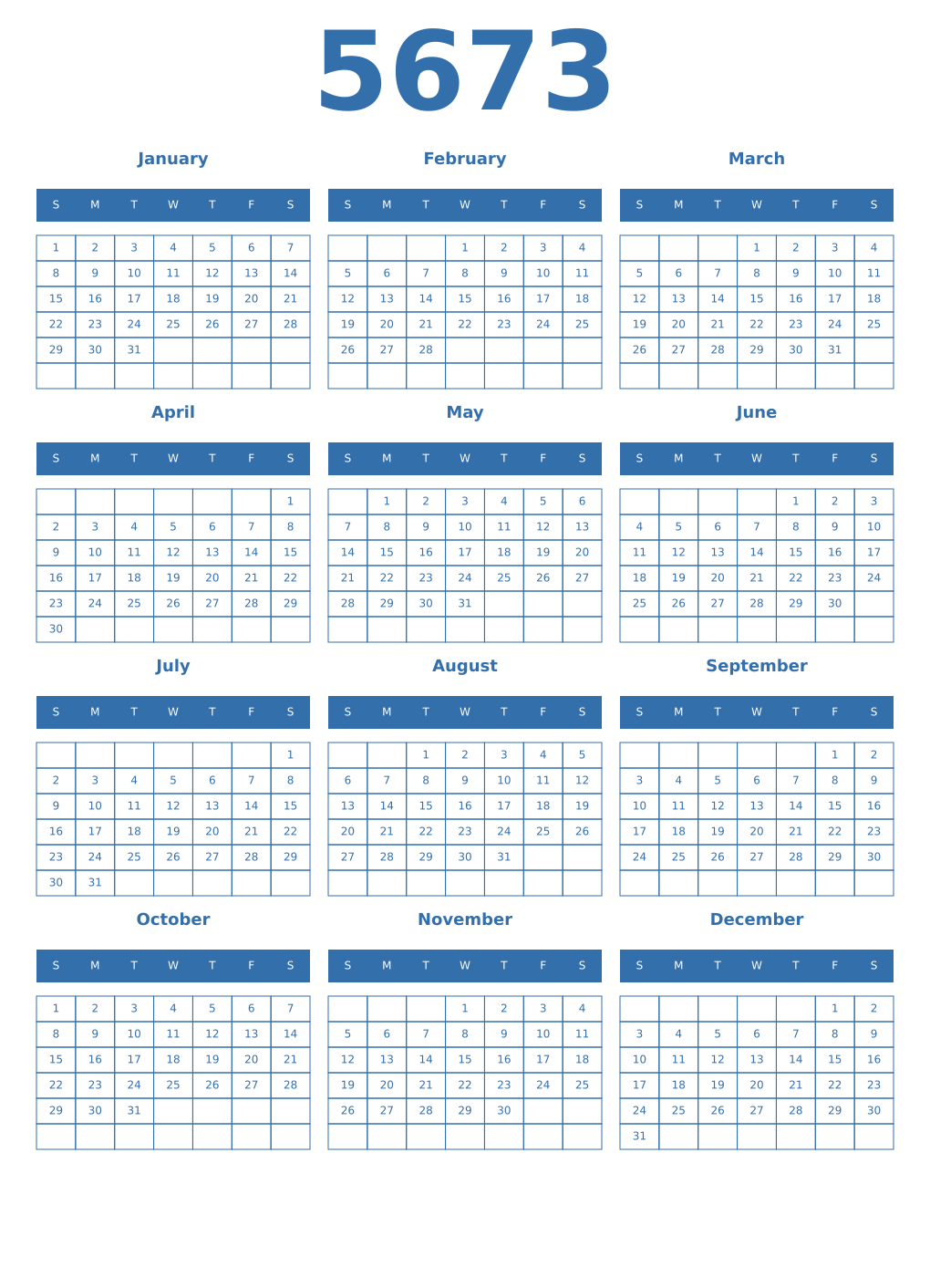 Printable 5673 Year Calendars blue