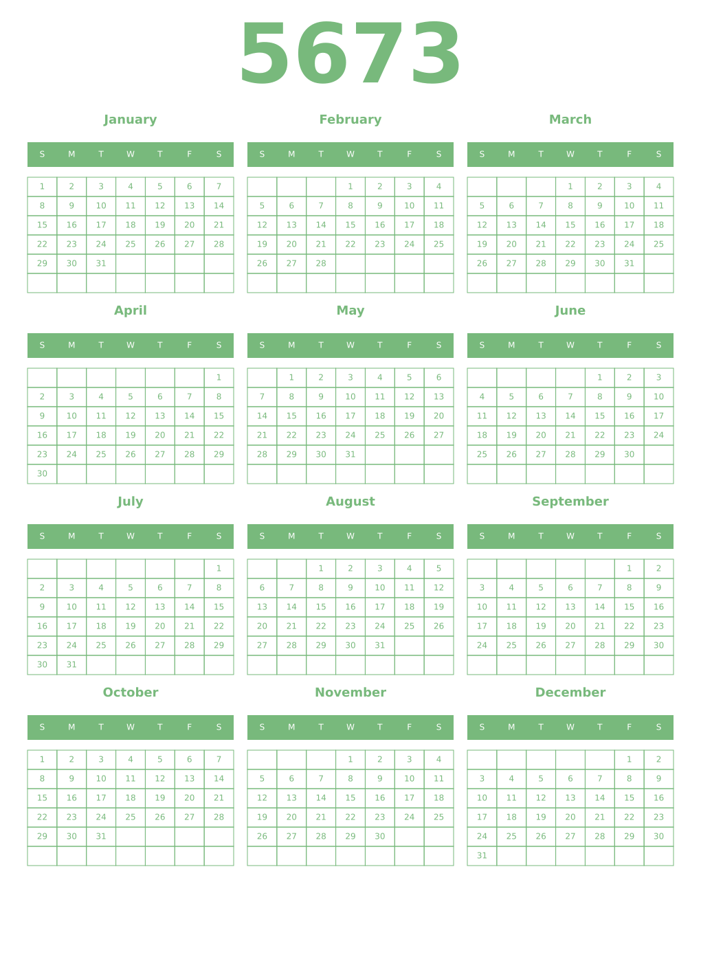 Printable 5673 Year Calendars celadon