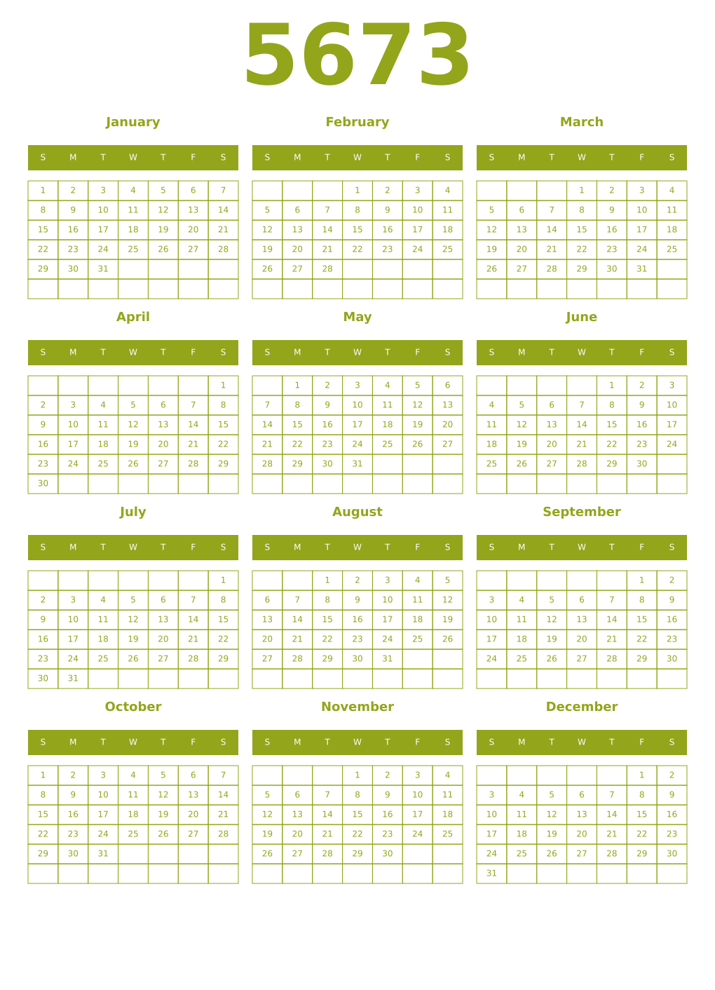 Printable 5673 Year Calendars chartreuse