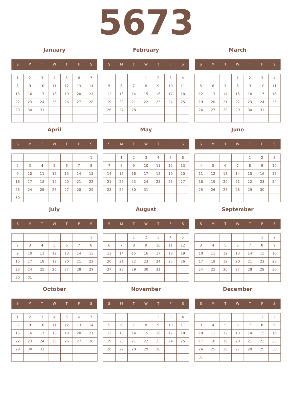 Printable 5673 Year Calendars coffe