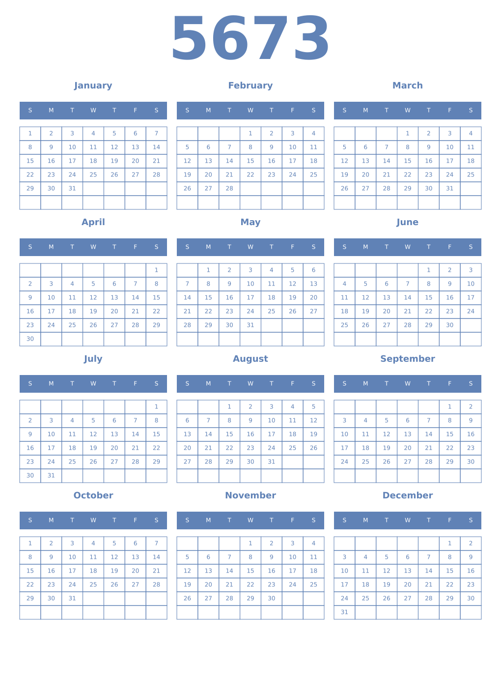 Printable 5673 Year Calendars glaucous