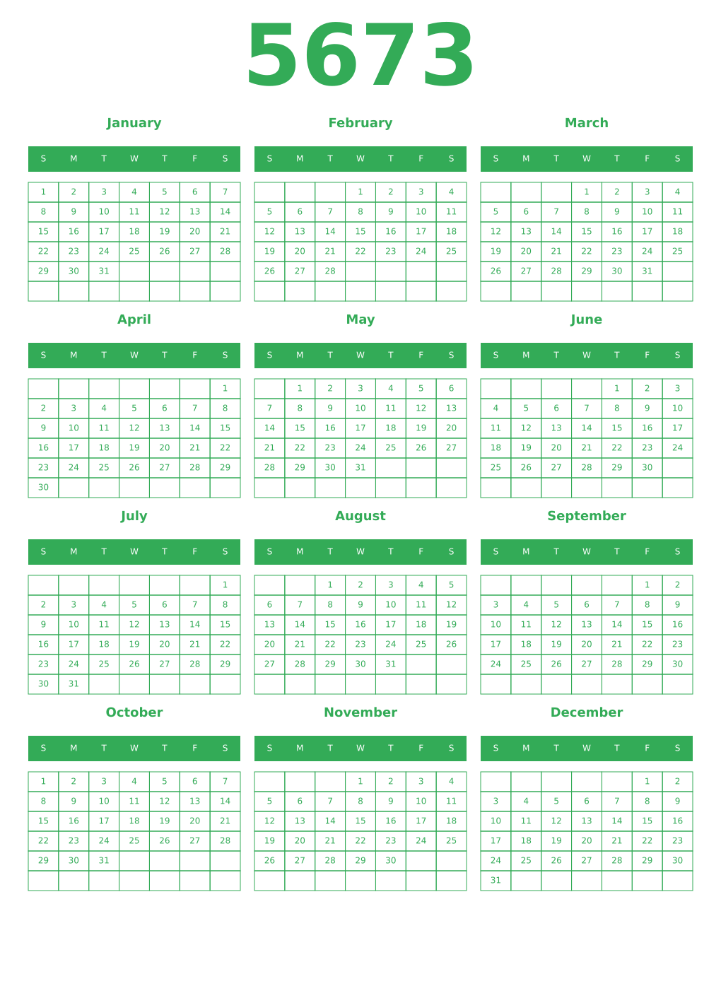 Printable 5673 Year Calendars green