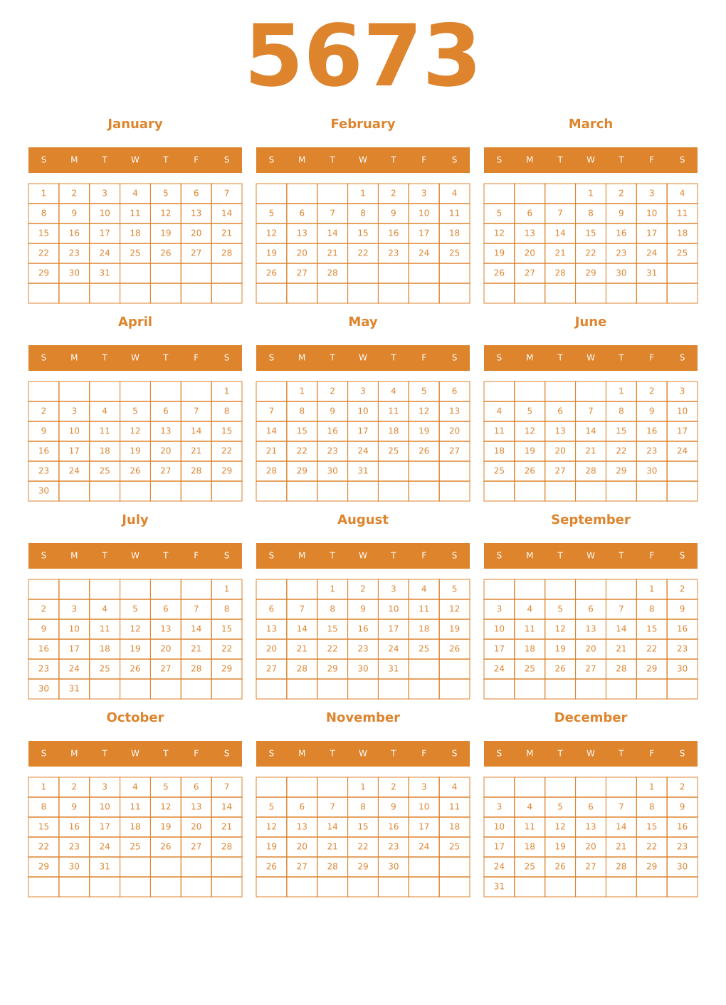 Printable 5673 Year Calendars orange