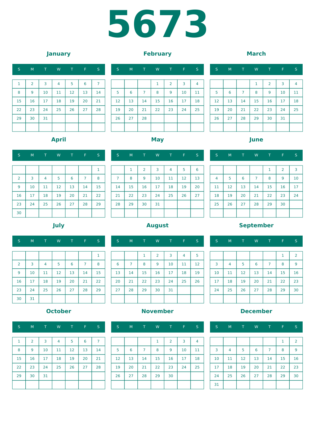 Printable 5673 Year Calendars pastel