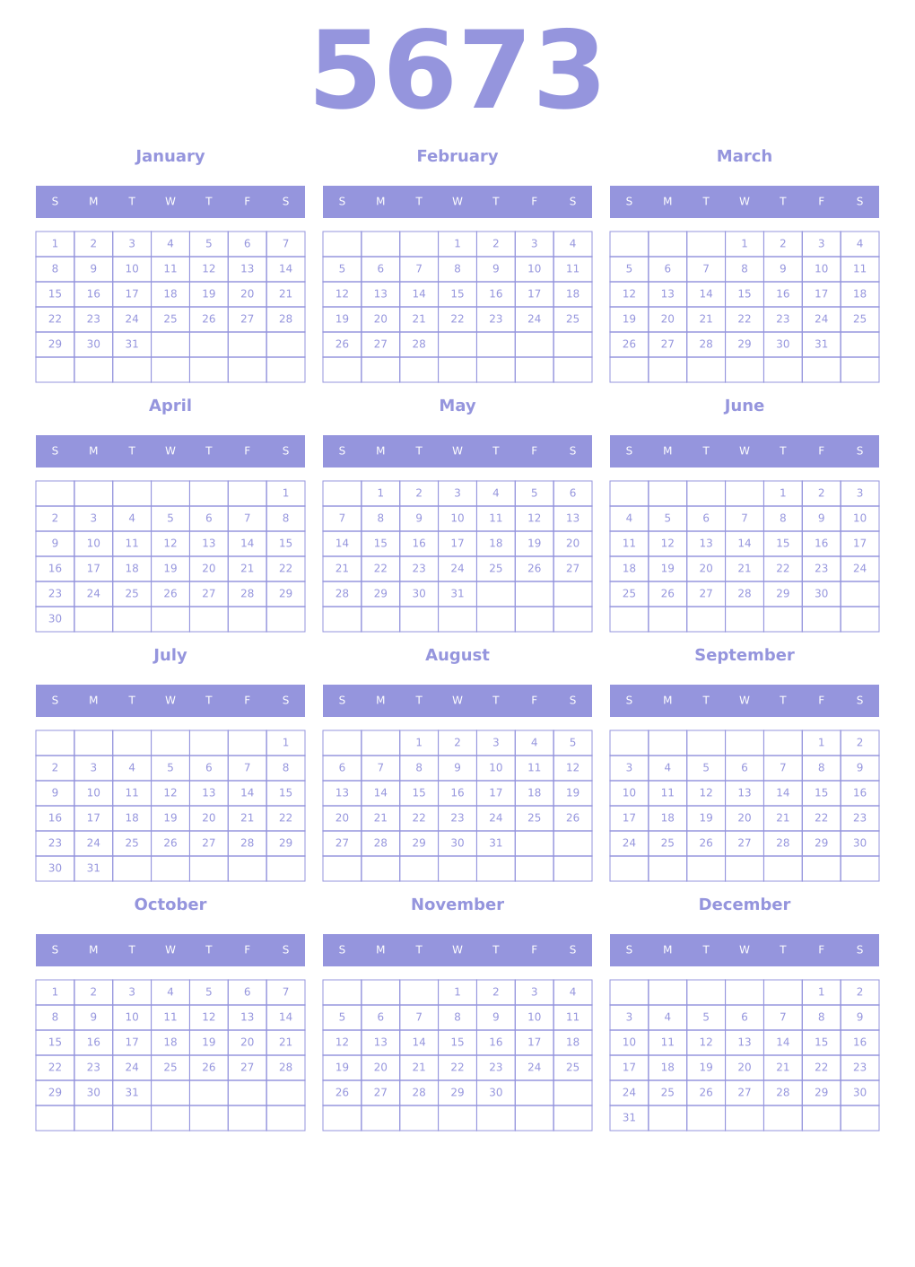 Printable 5673 Year Calendars periwinkle