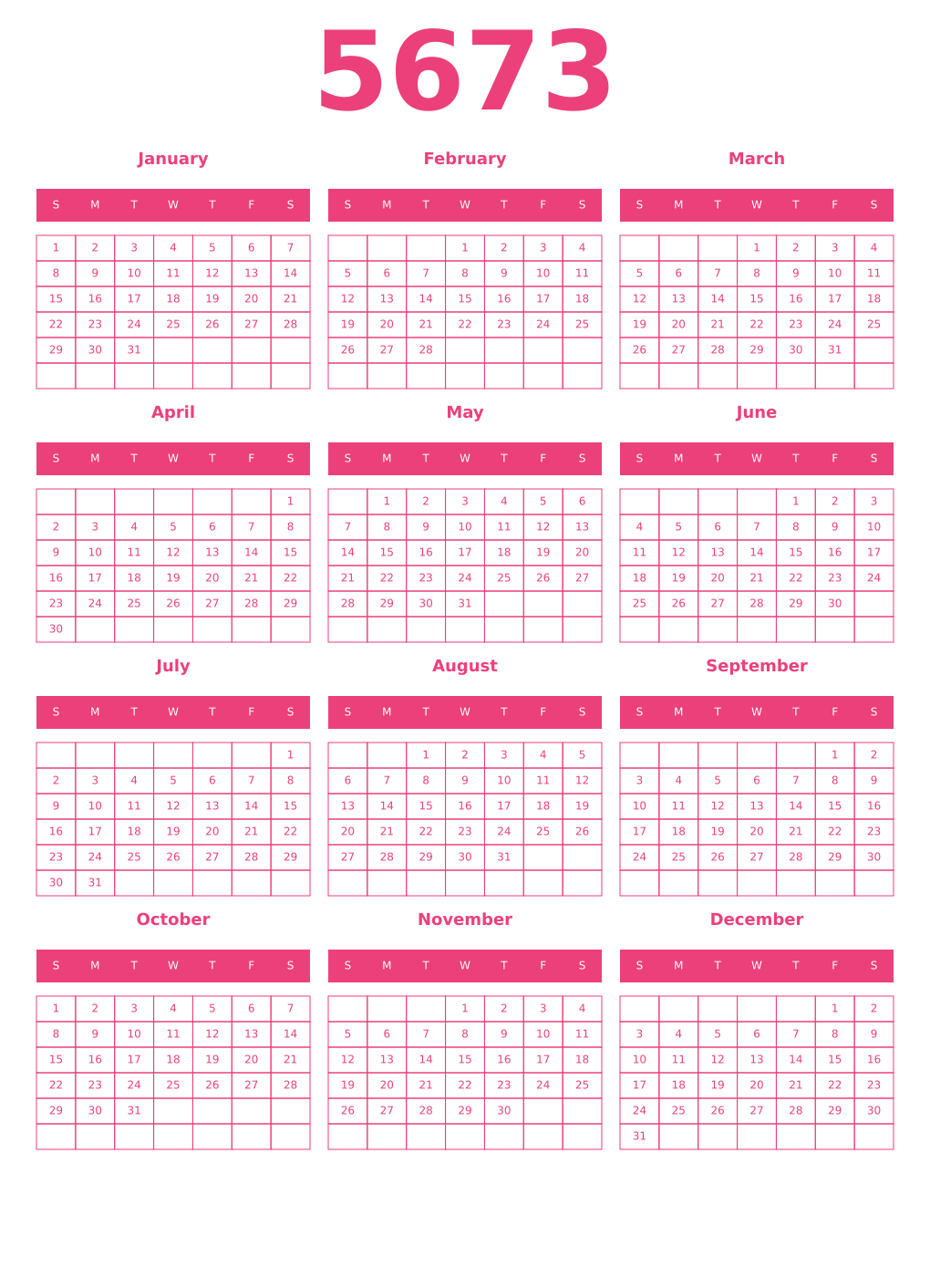 Printable 5673 Year Calendars pink