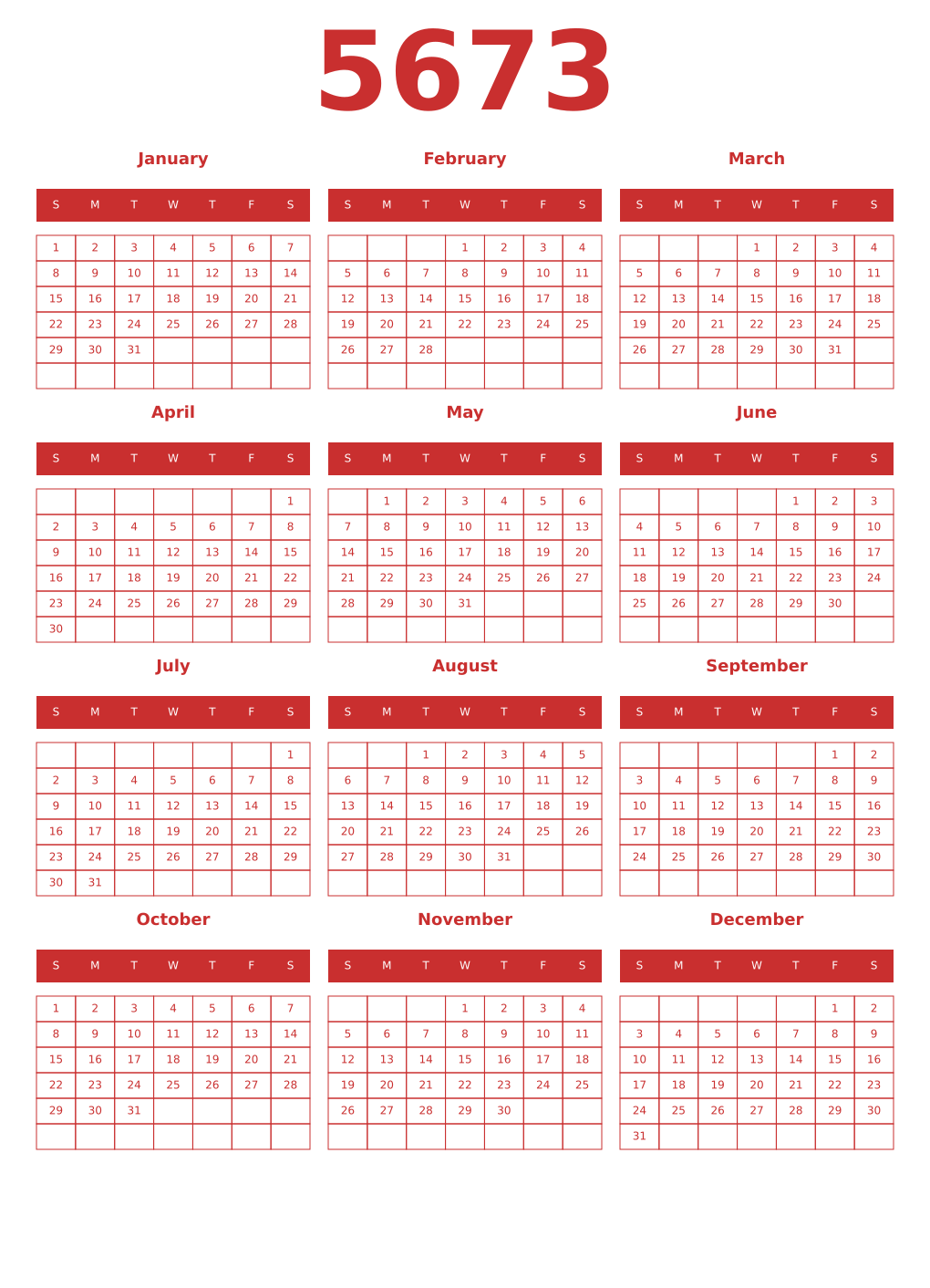 Printable 5673 Year Calendars red