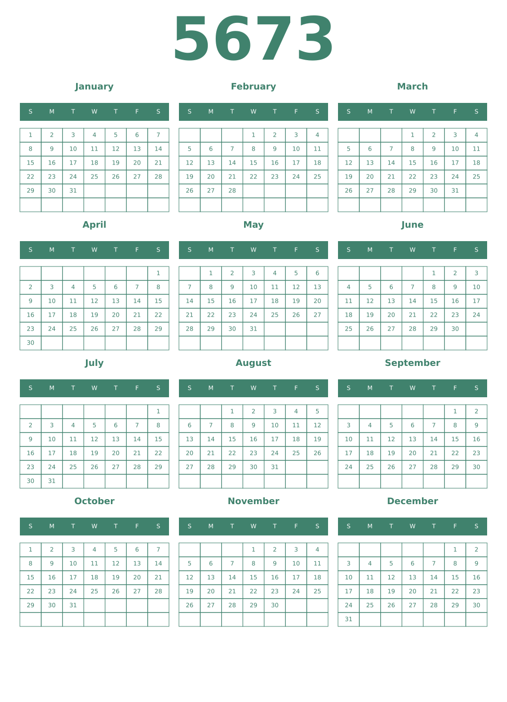Printable 5673 Year Calendars viridian