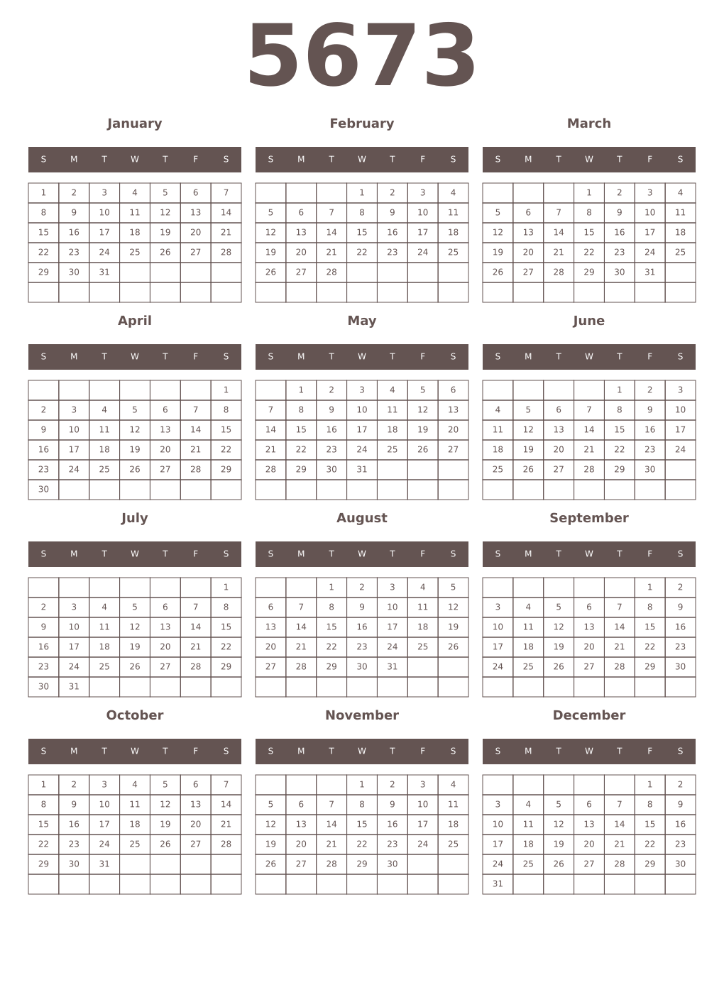 Printable 5673 Year Calendars wenge