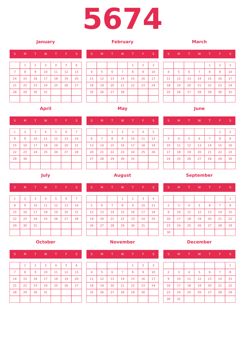 Printable 5674 Year Calendars amaranth