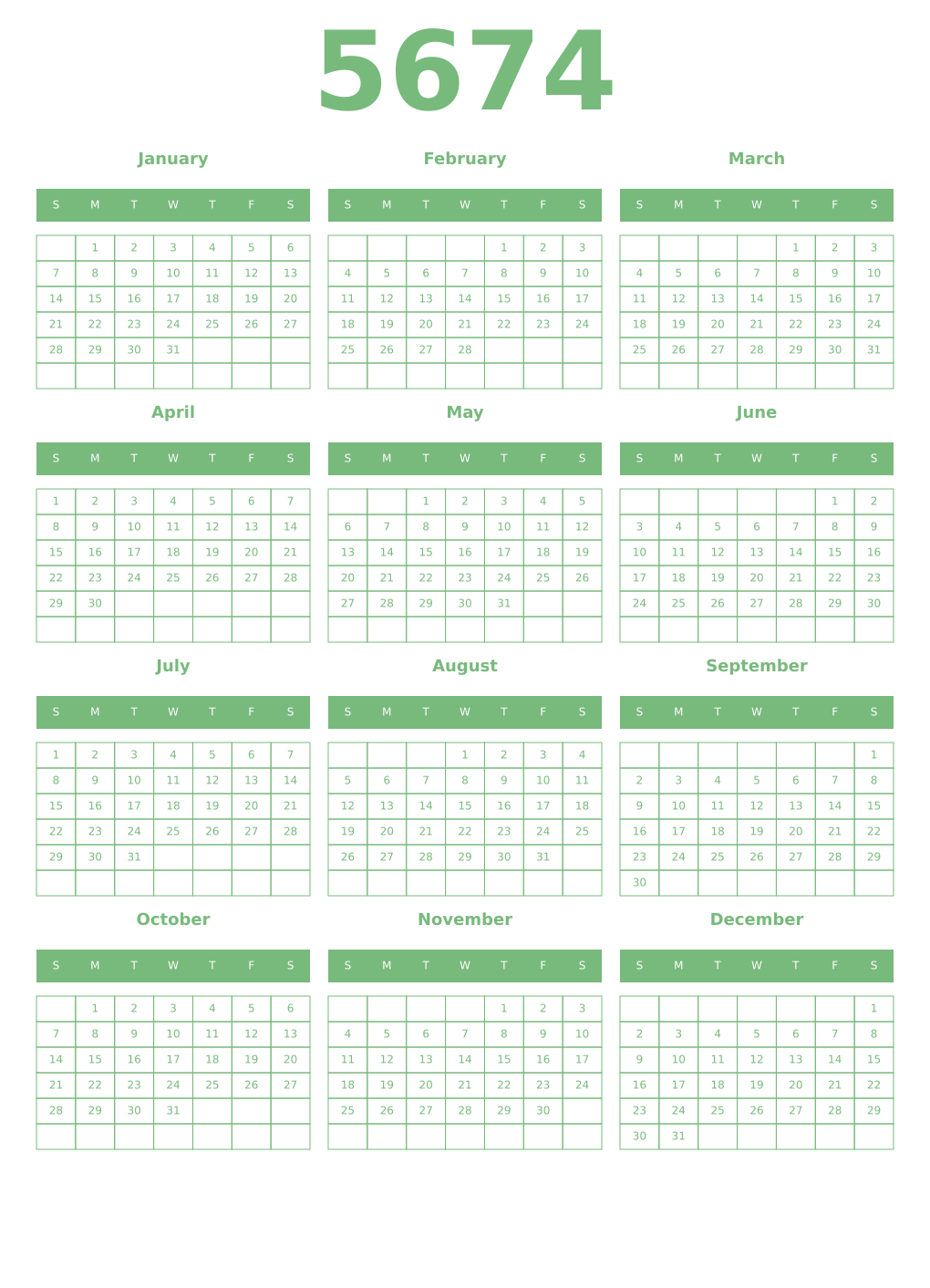 Printable 5674 Year Calendars celadon