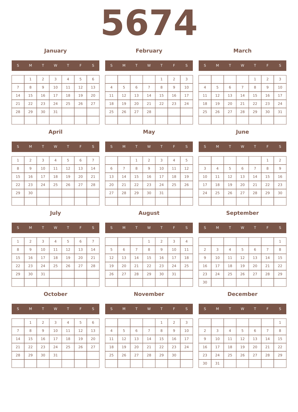 Printable 5674 Year Calendars coffe