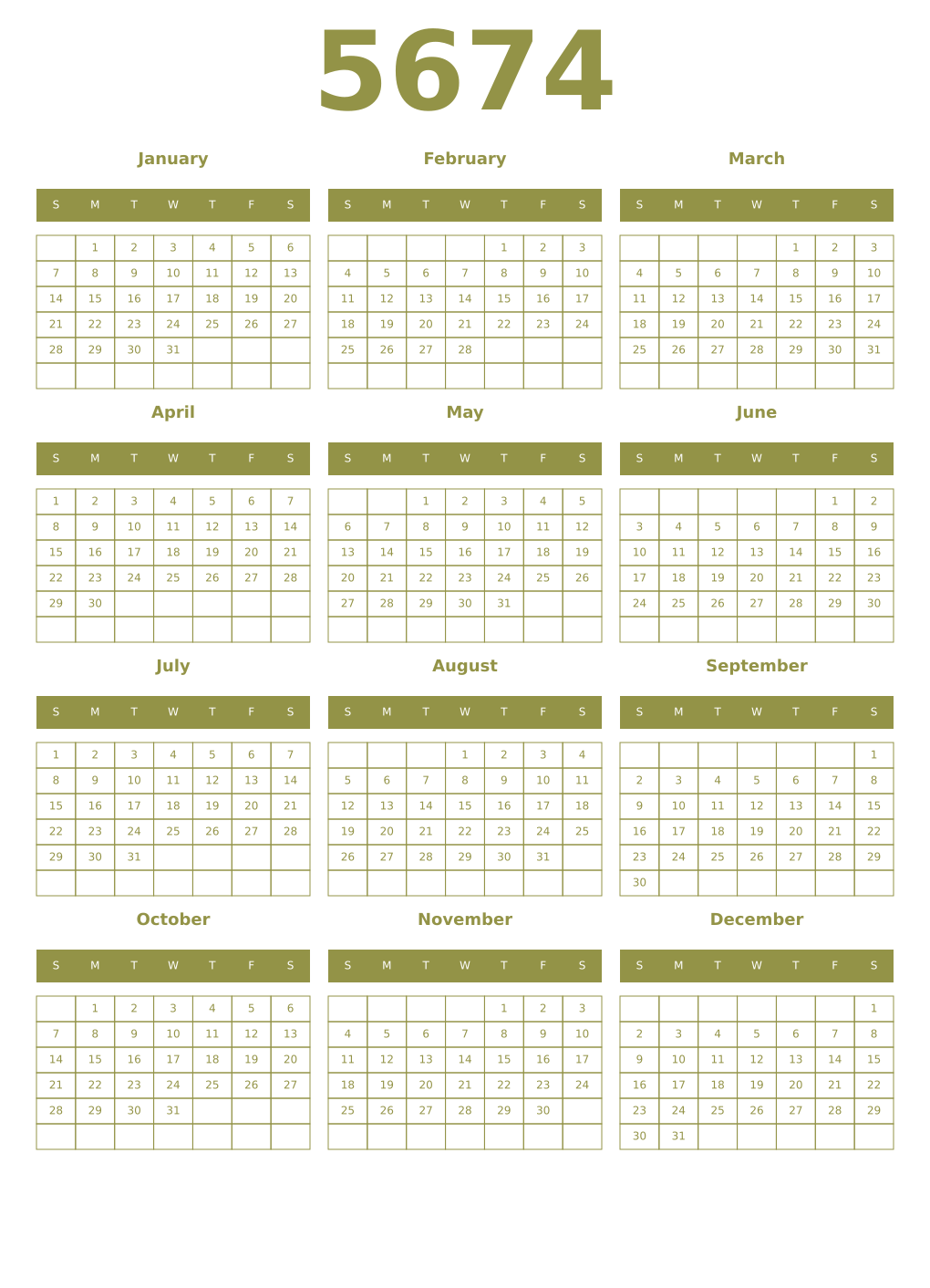 Printable 5674 Year Calendars eburnean