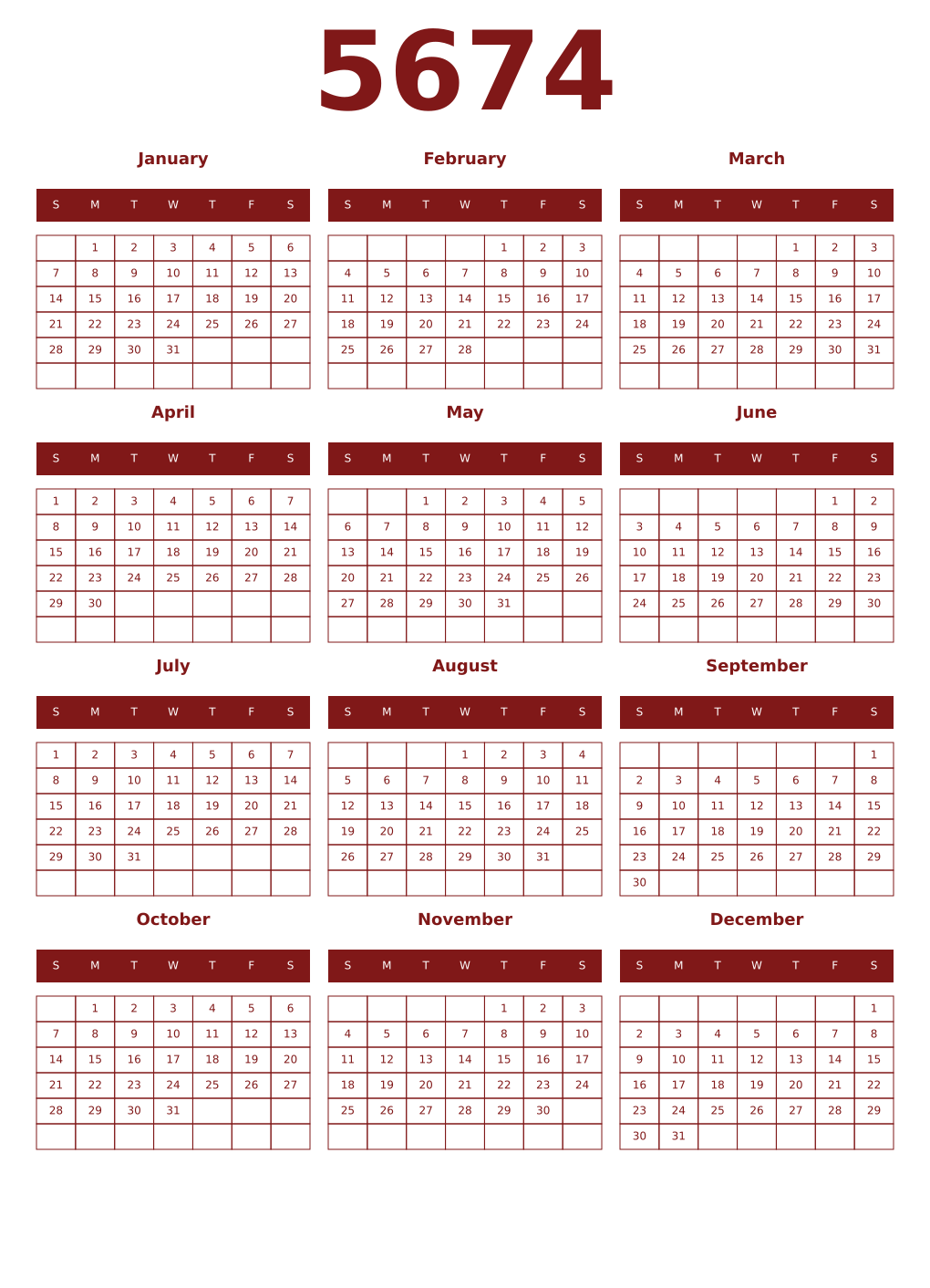 Printable 5674 Year Calendars falu