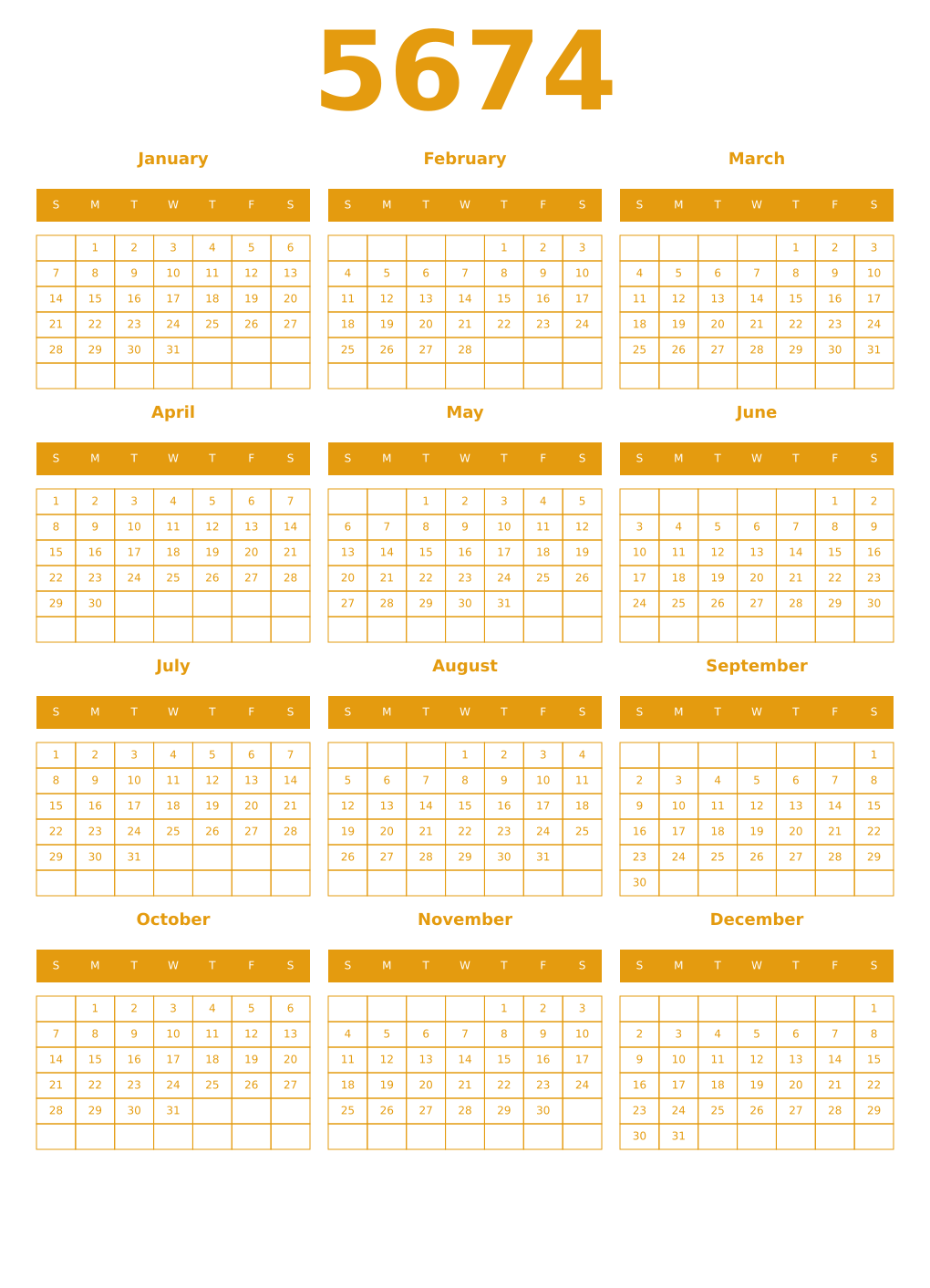 Printable 5674 Year Calendars gamboge