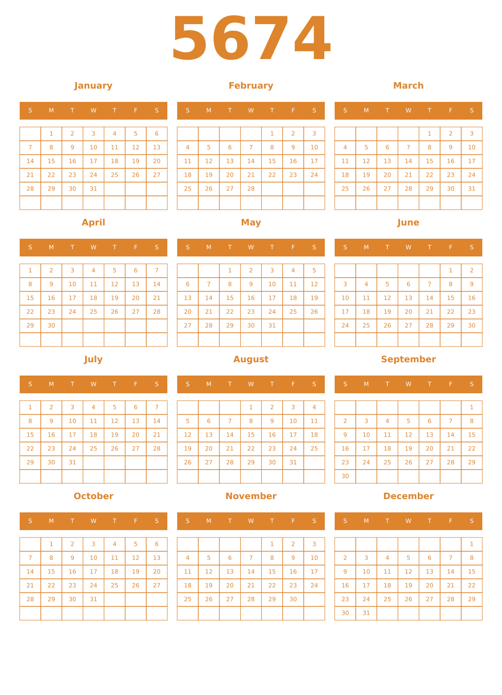 Printable 5674 Year Calendars orange