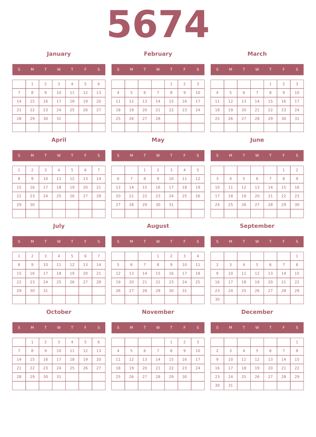 Printable 5674 Year Calendars puce