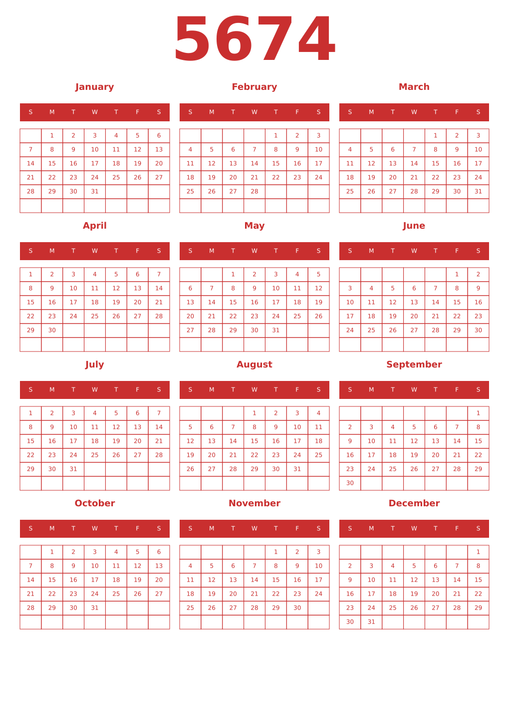 Printable 5674 Year Calendars red