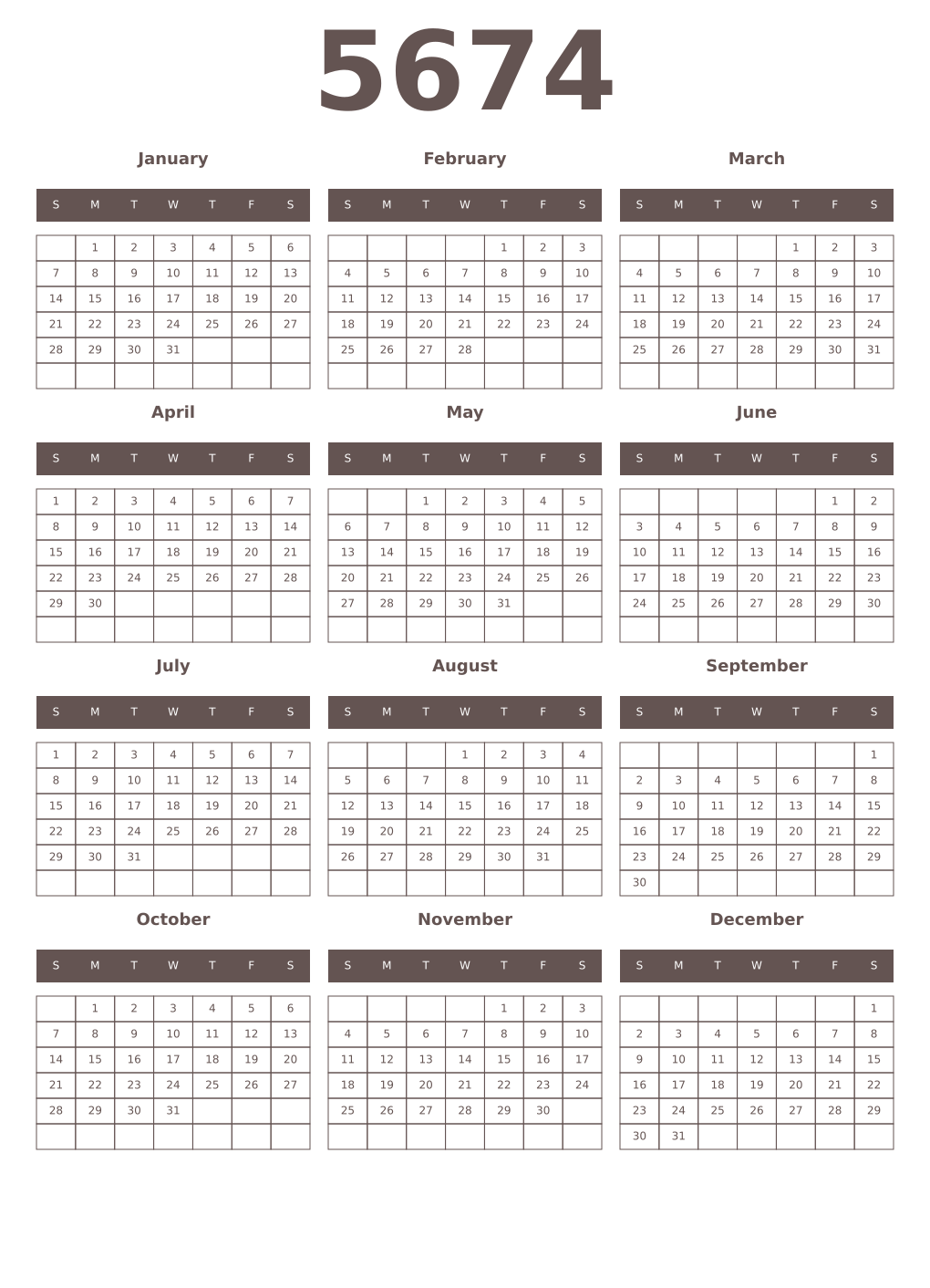 Printable 5674 Year Calendars wenge