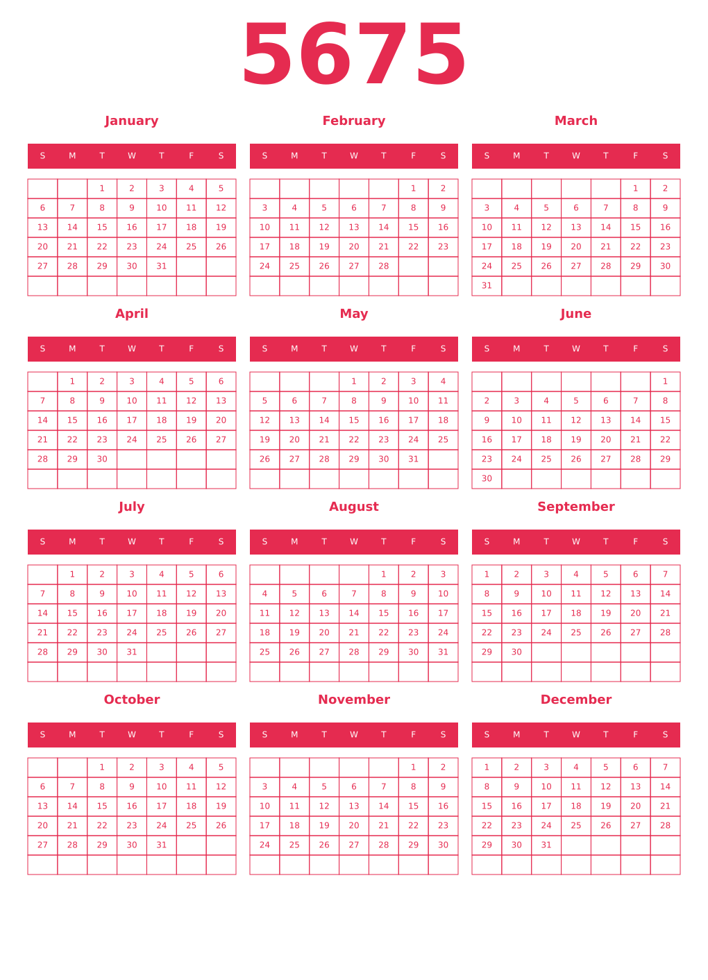 Printable 5675 Year Calendars amaranth