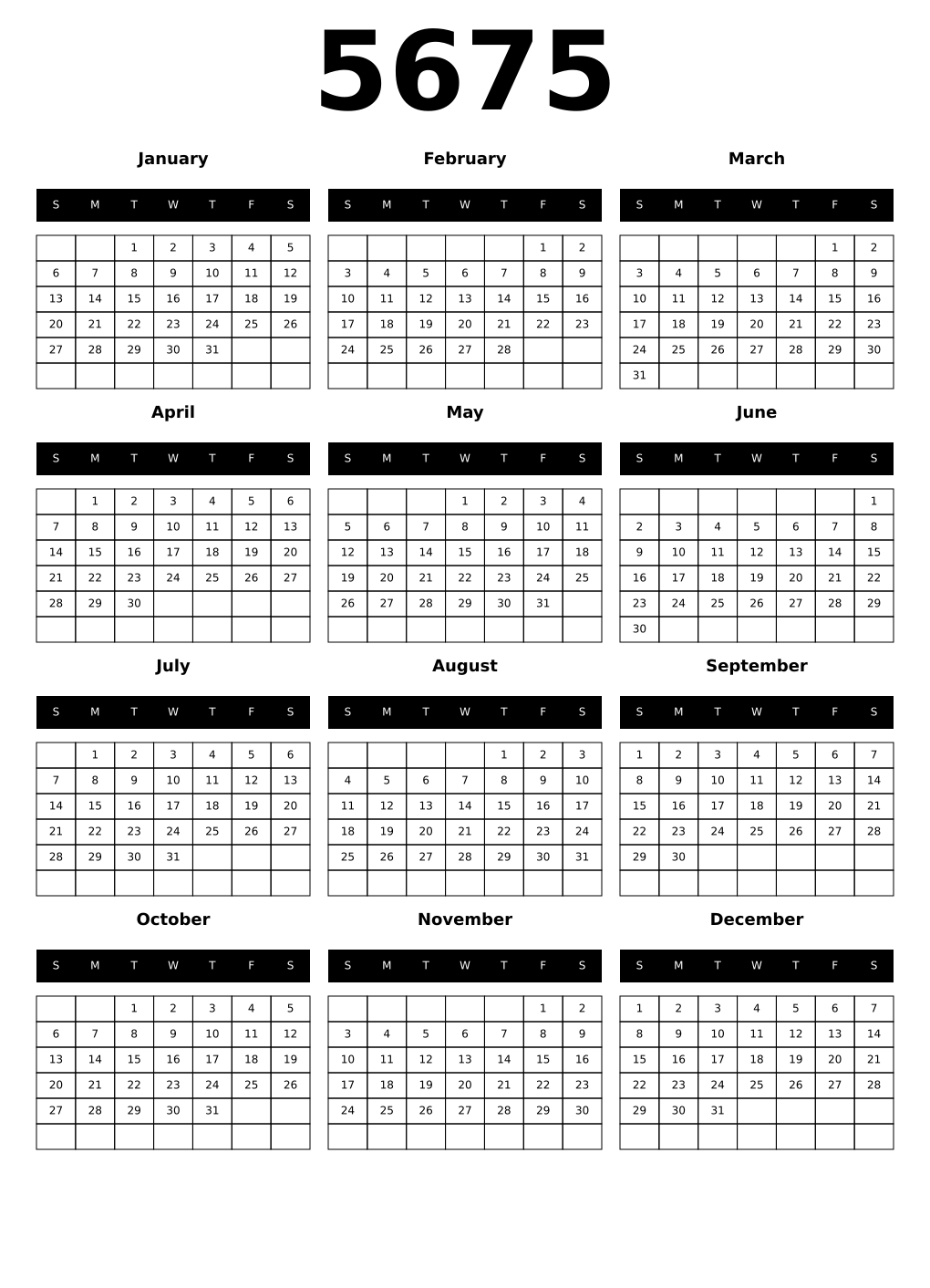 Printable 5675 Year Calendars black