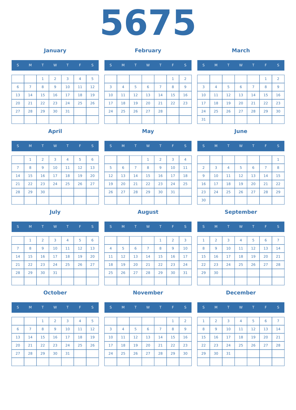 Printable 5675 Year Calendars blue