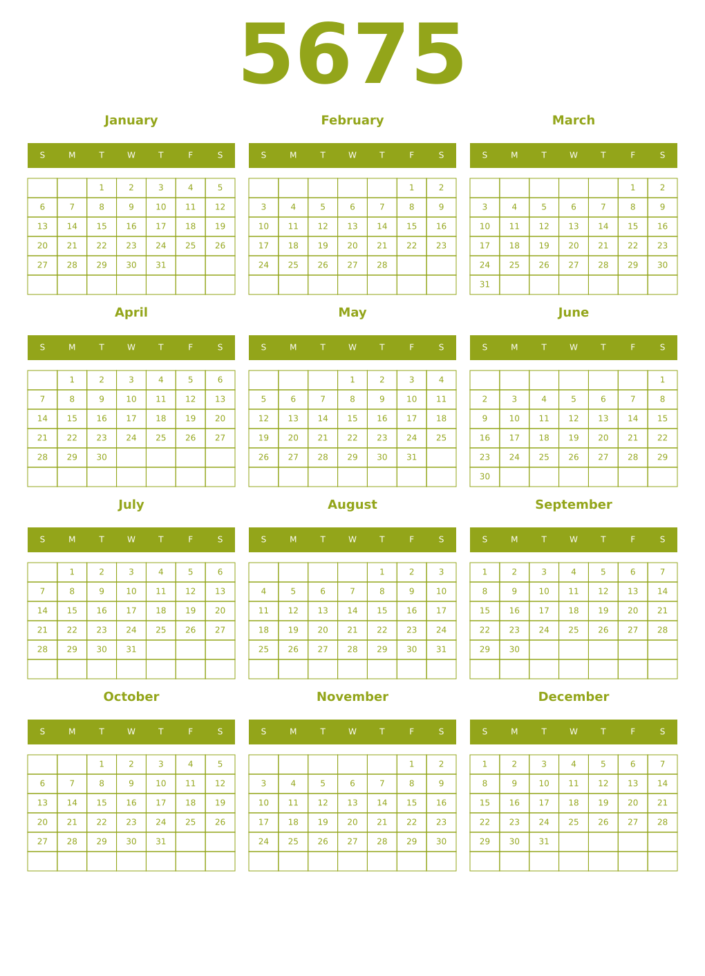 Printable 5675 Year Calendars chartreuse