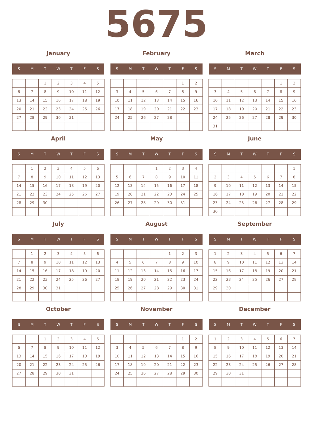 Printable 5675 Year Calendars coffe