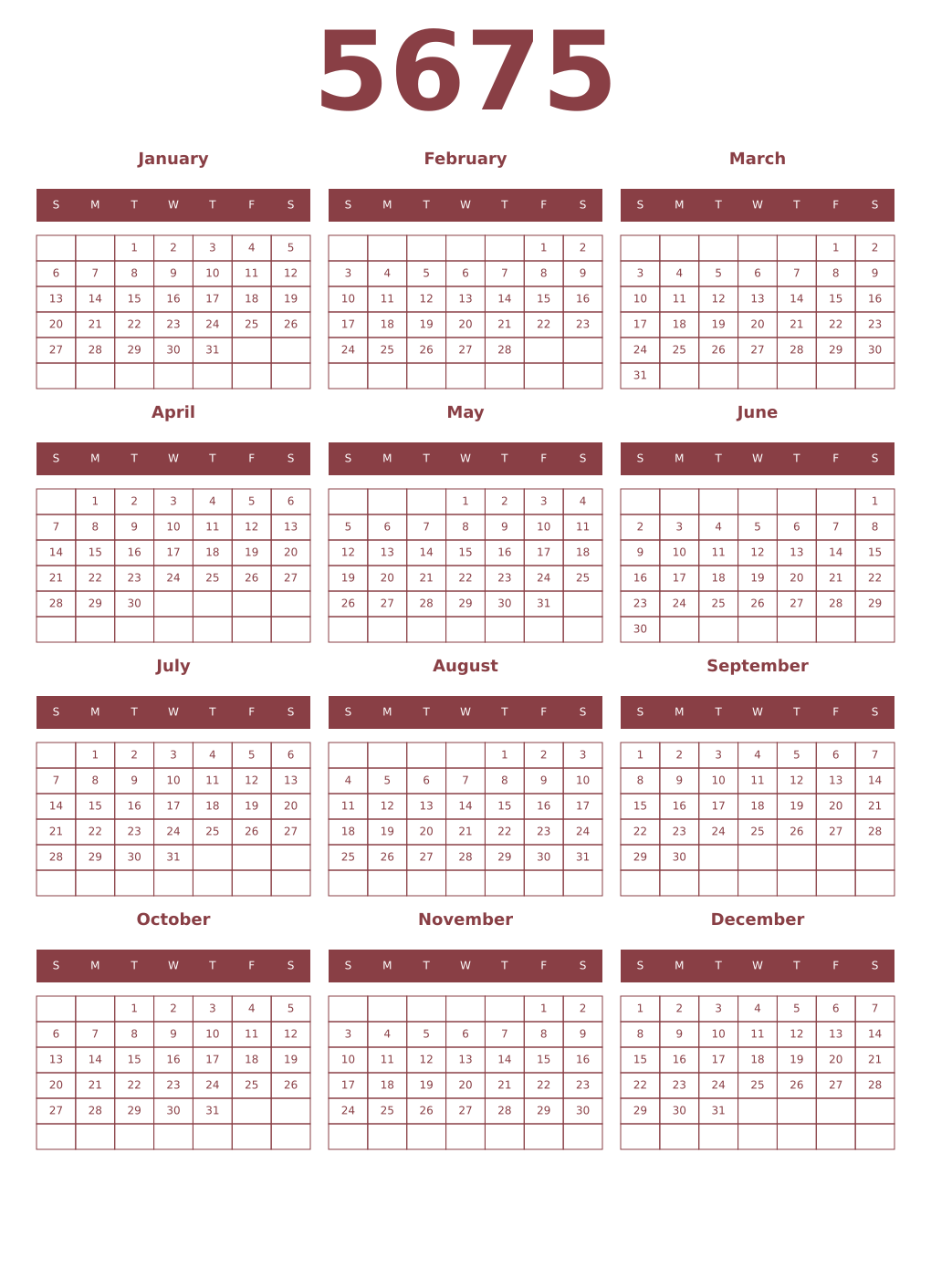 Printable 5675 Year Calendars cordovan