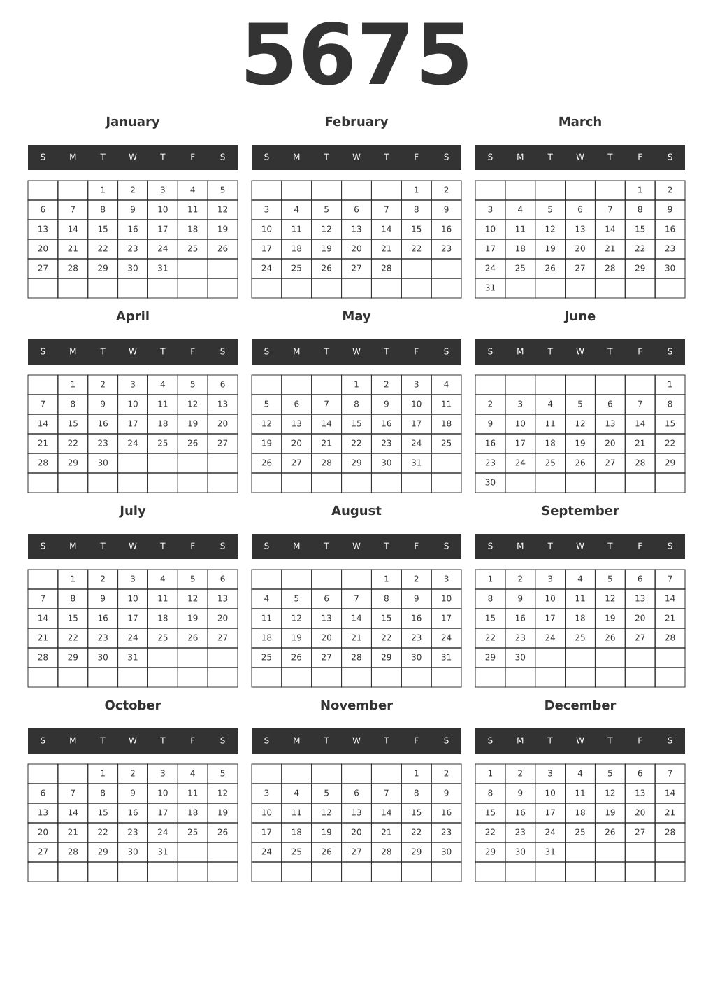 Printable 5675 Year Calendars dark