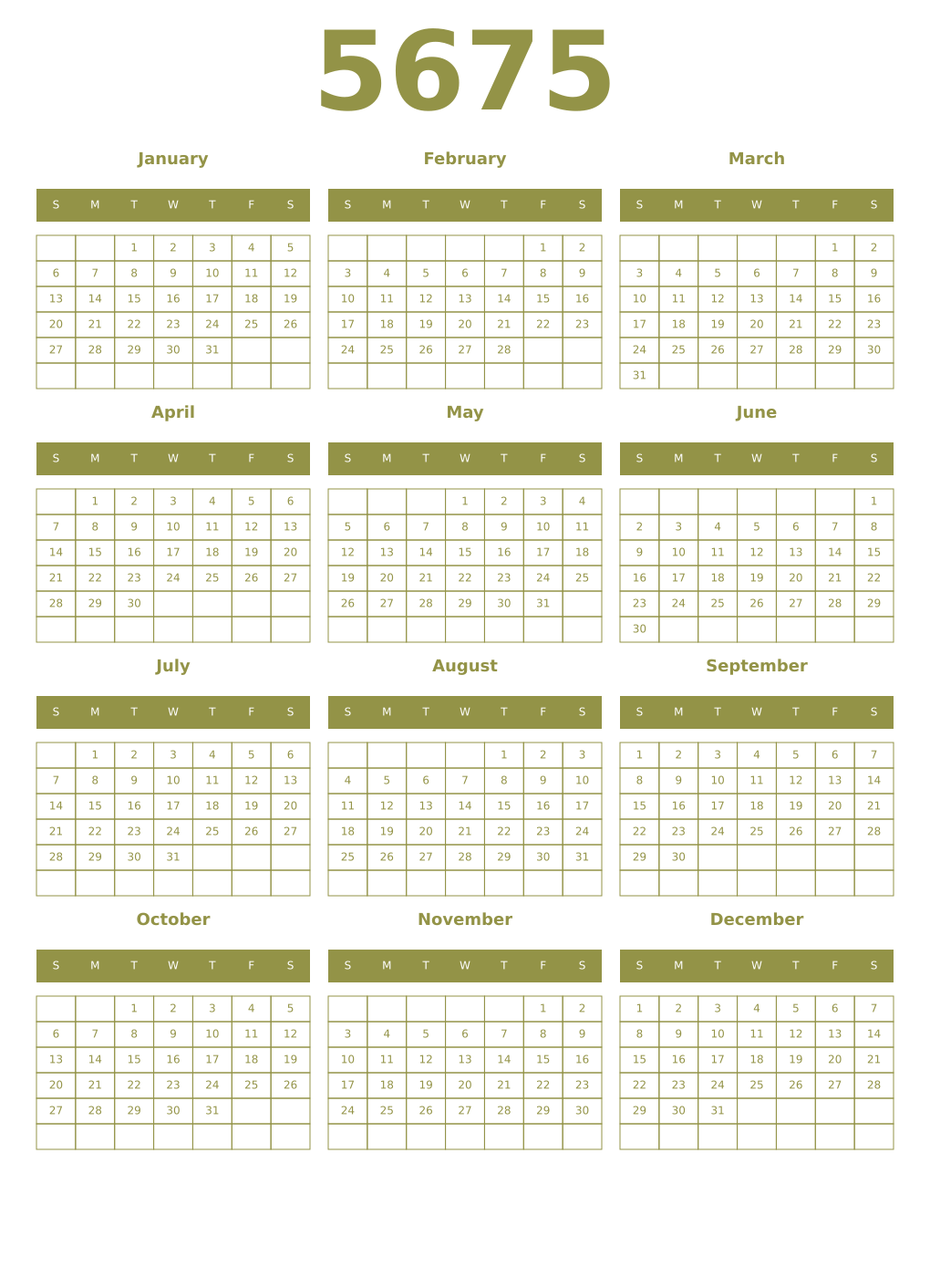 Printable 5675 Year Calendars eburnean