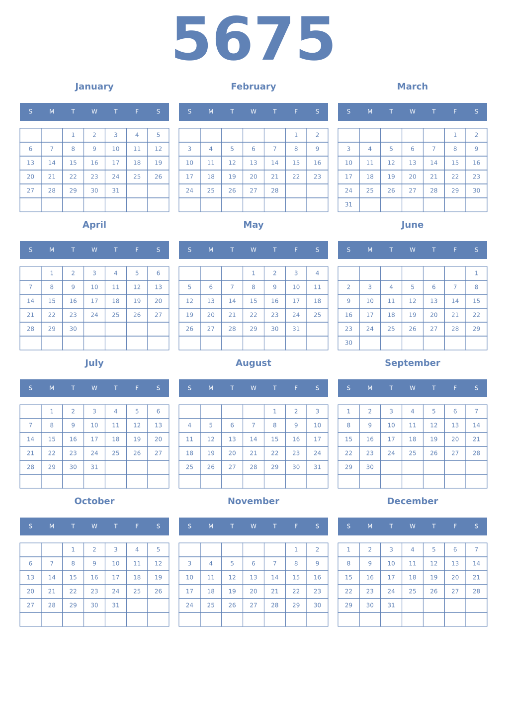 Printable 5675 Year Calendars glaucous