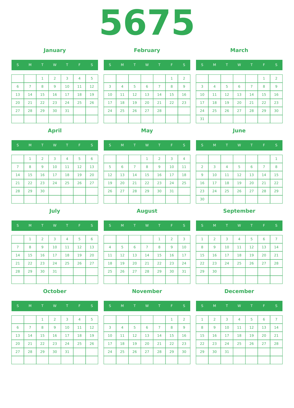 Printable 5675 Year Calendars green