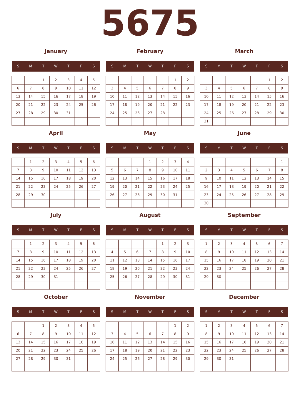 Printable 5675 Year Calendars mortuum