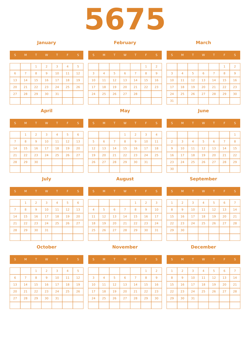 Printable 5675 Year Calendars orange