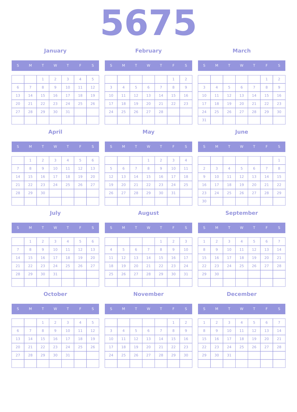 Printable 5675 Year Calendars periwinkle