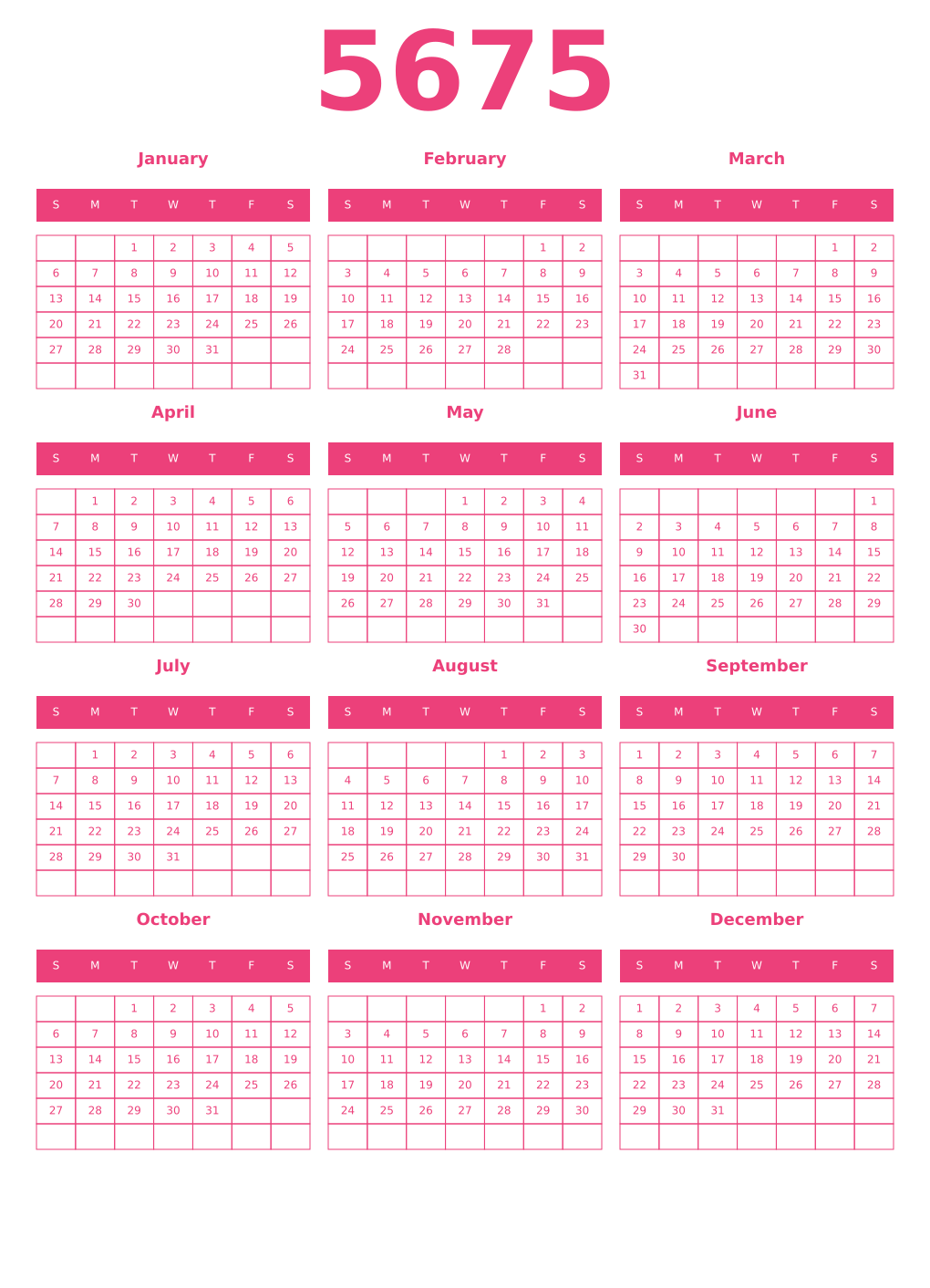 Printable 5675 Year Calendars pink