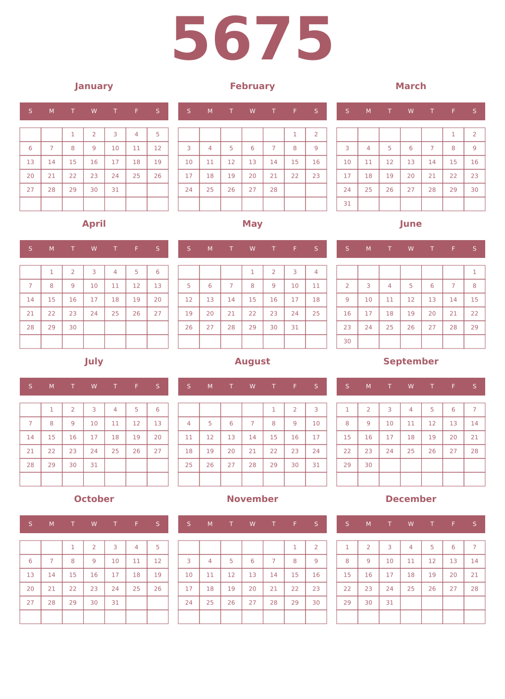Printable 5675 Year Calendars puce