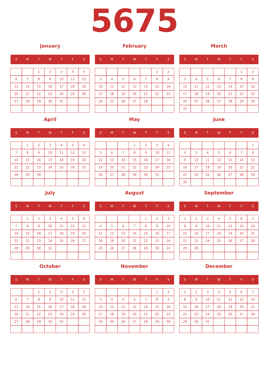 Printable 5675 Year Calendars red
