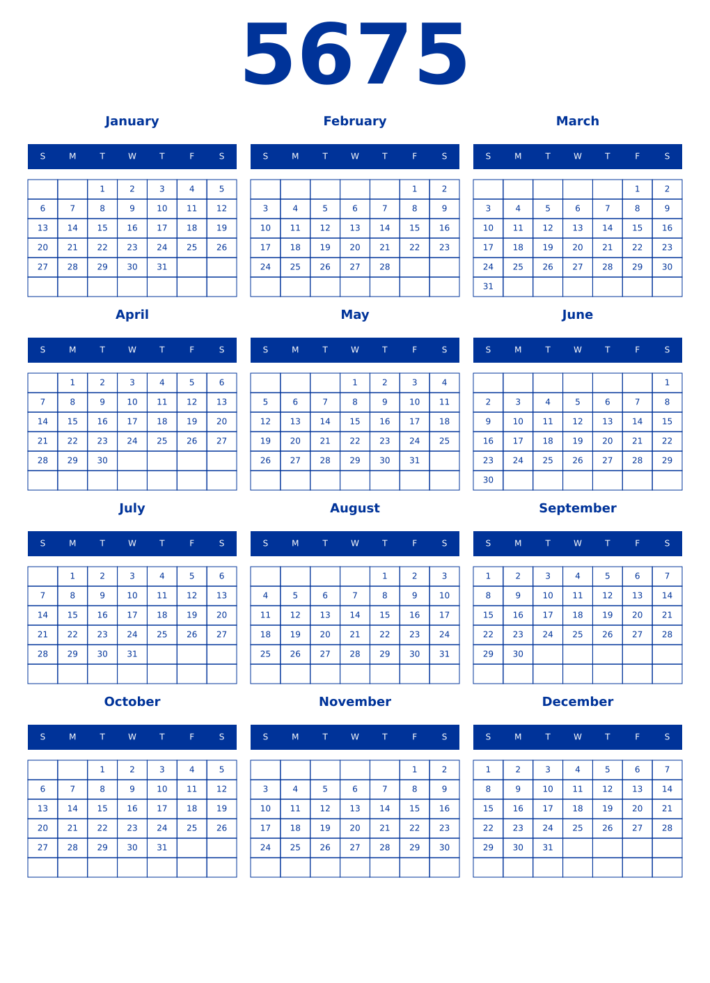 Printable 5675 Year Calendars smalt