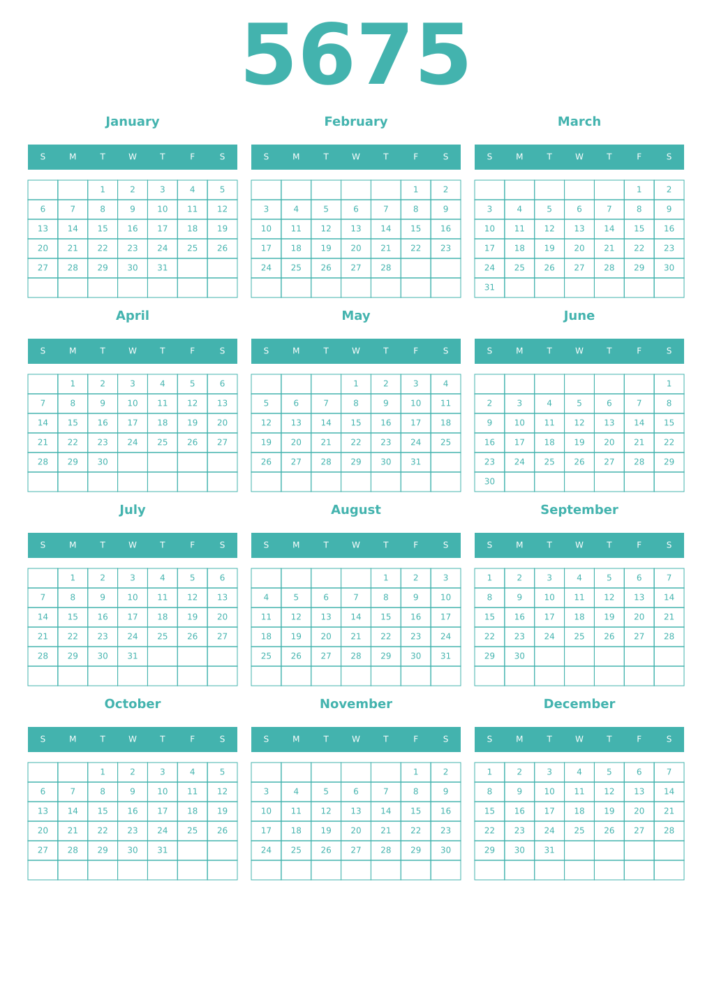 Printable 5675 Year Calendars verdigris