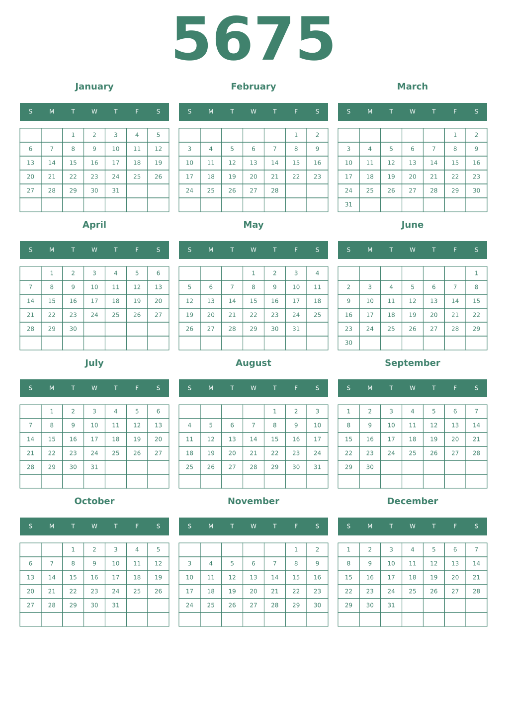 Printable 5675 Year Calendars viridian