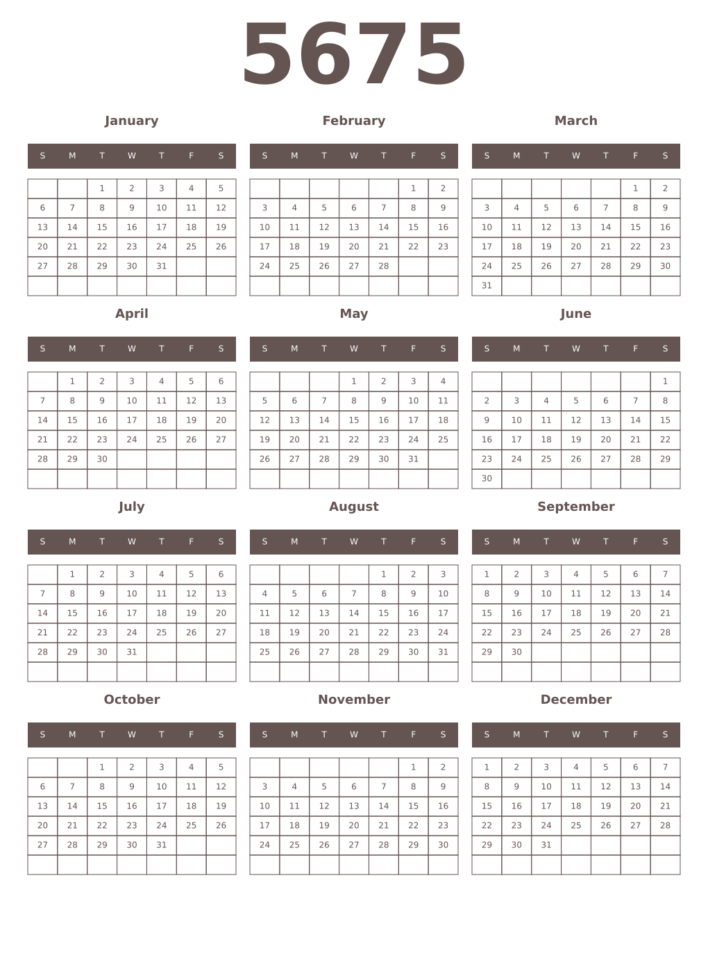Printable 5675 Year Calendars wenge