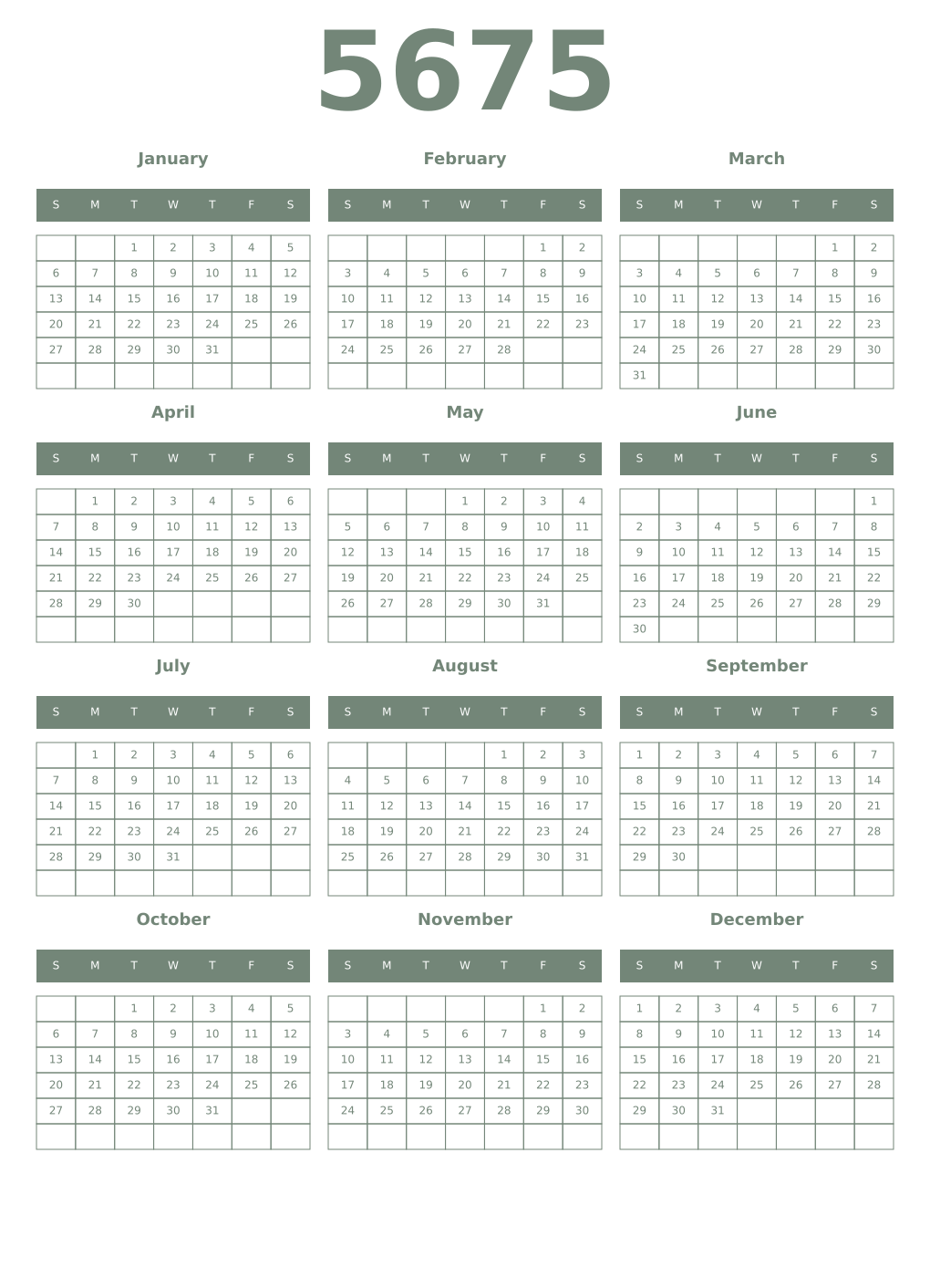 Printable 5675 Year Calendars xanadu