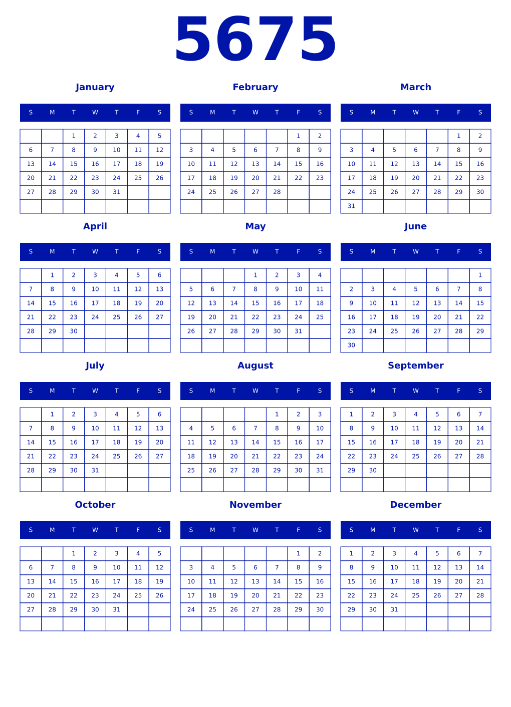 Printable 5675 Year Calendars zaffre