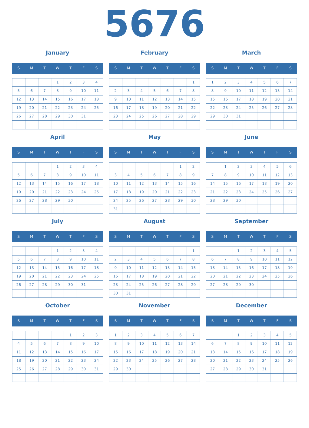 Printable 5676 Year Calendars blue