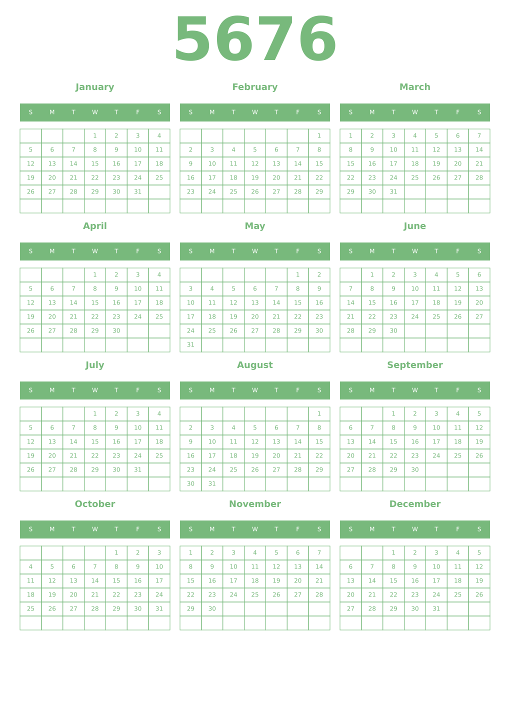 Printable 5676 Year Calendars celadon