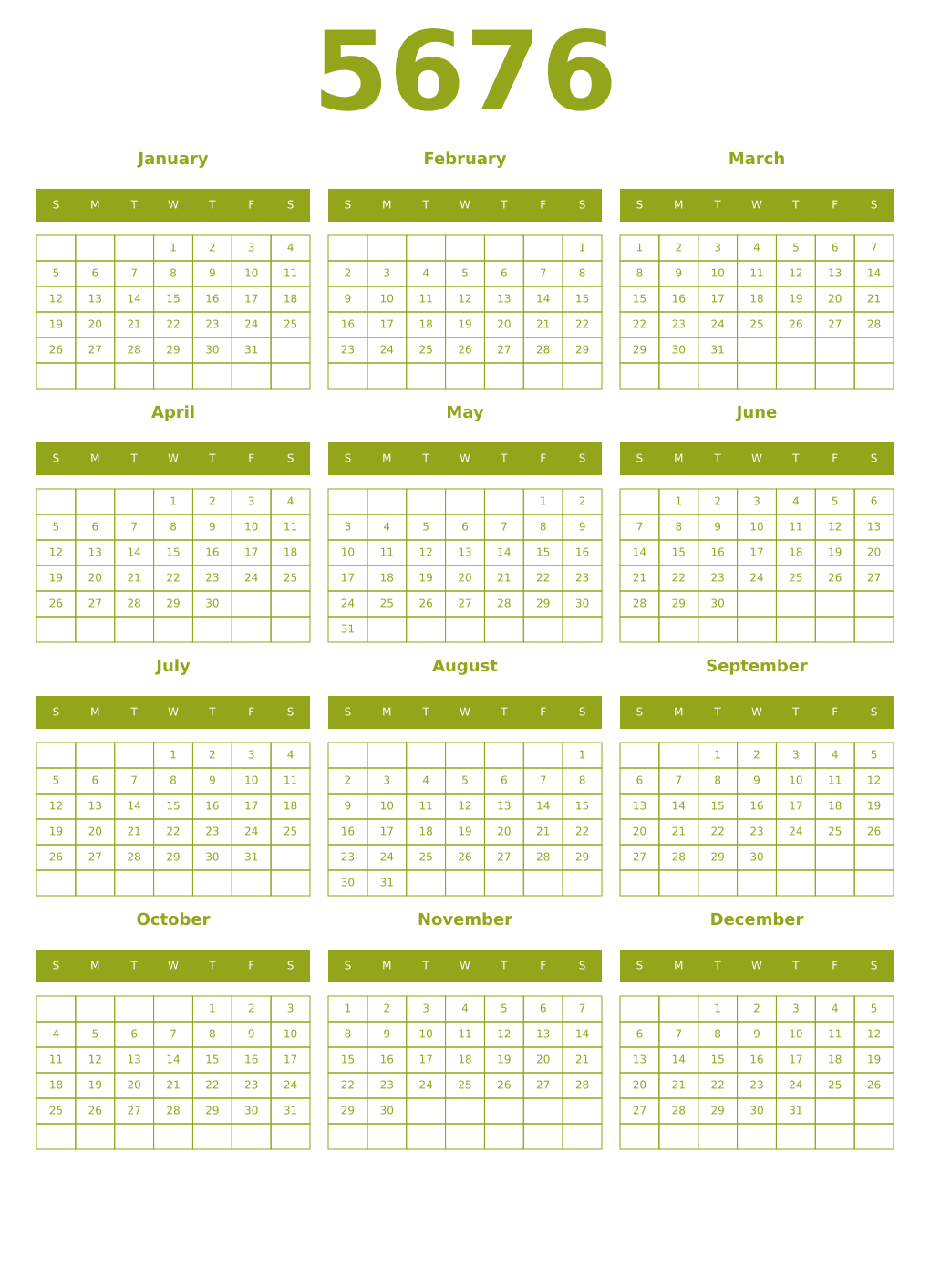 Printable 5676 Year Calendars chartreuse