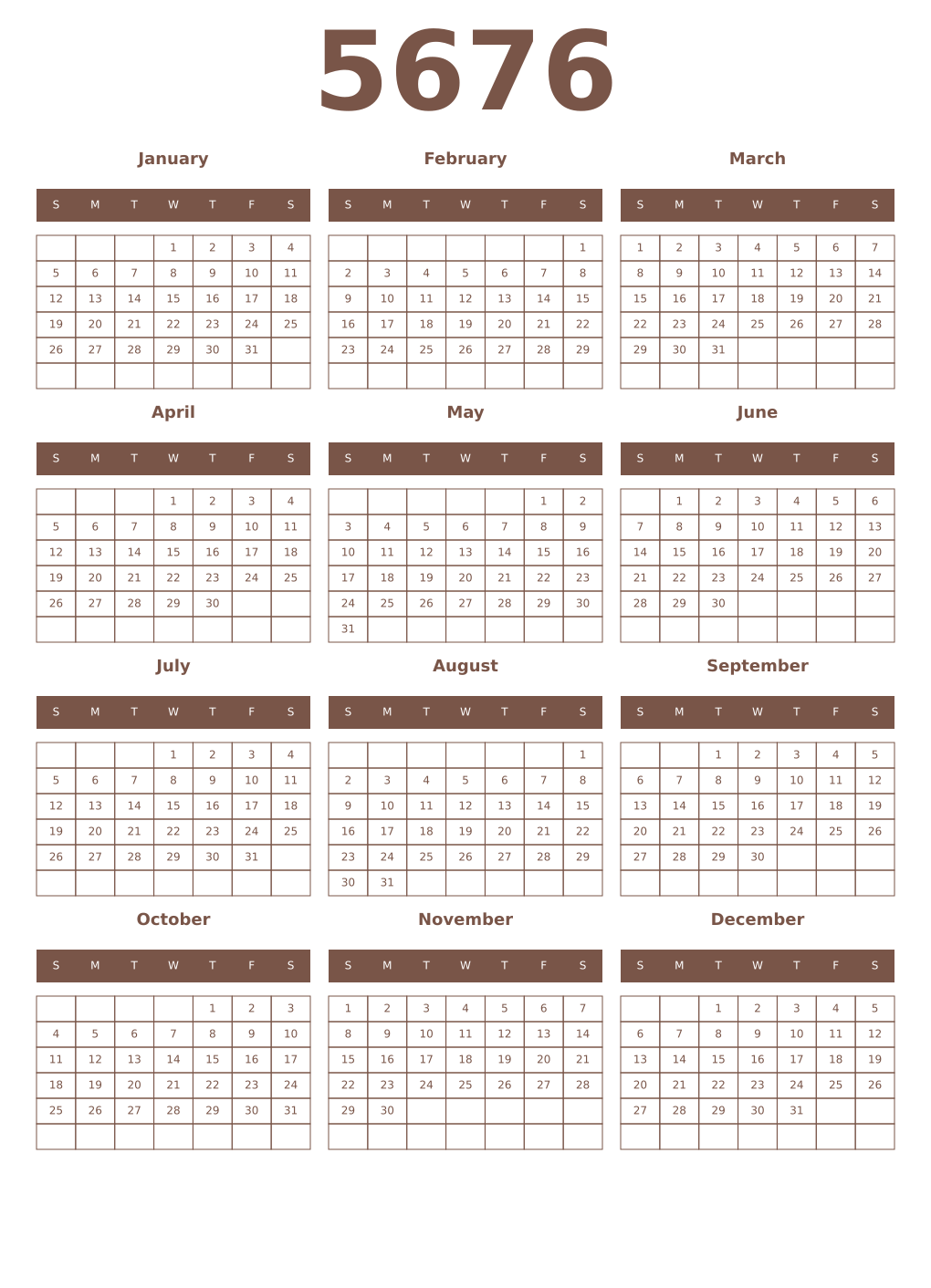 Printable 5676 Year Calendars coffe